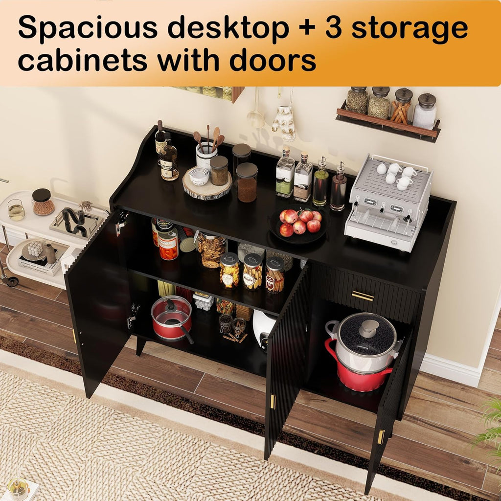 Sideboard Buffet Cabinet with Drawers: 47" Black Fluted Sideboard Cabinet with Storage, Modern Kitchen Cabinets Storage, Credenzas for Living Room (47")