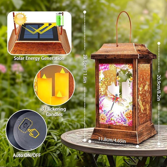 Dragonfly Solar Lanterns Outdoor Waterproof, Metal & Glass Hanging Lights Garden Decor, Birthday Gifts for Women Mom Grandma Mothers Day, Decorative Lights for Outside Yard Patio Backyard Porch