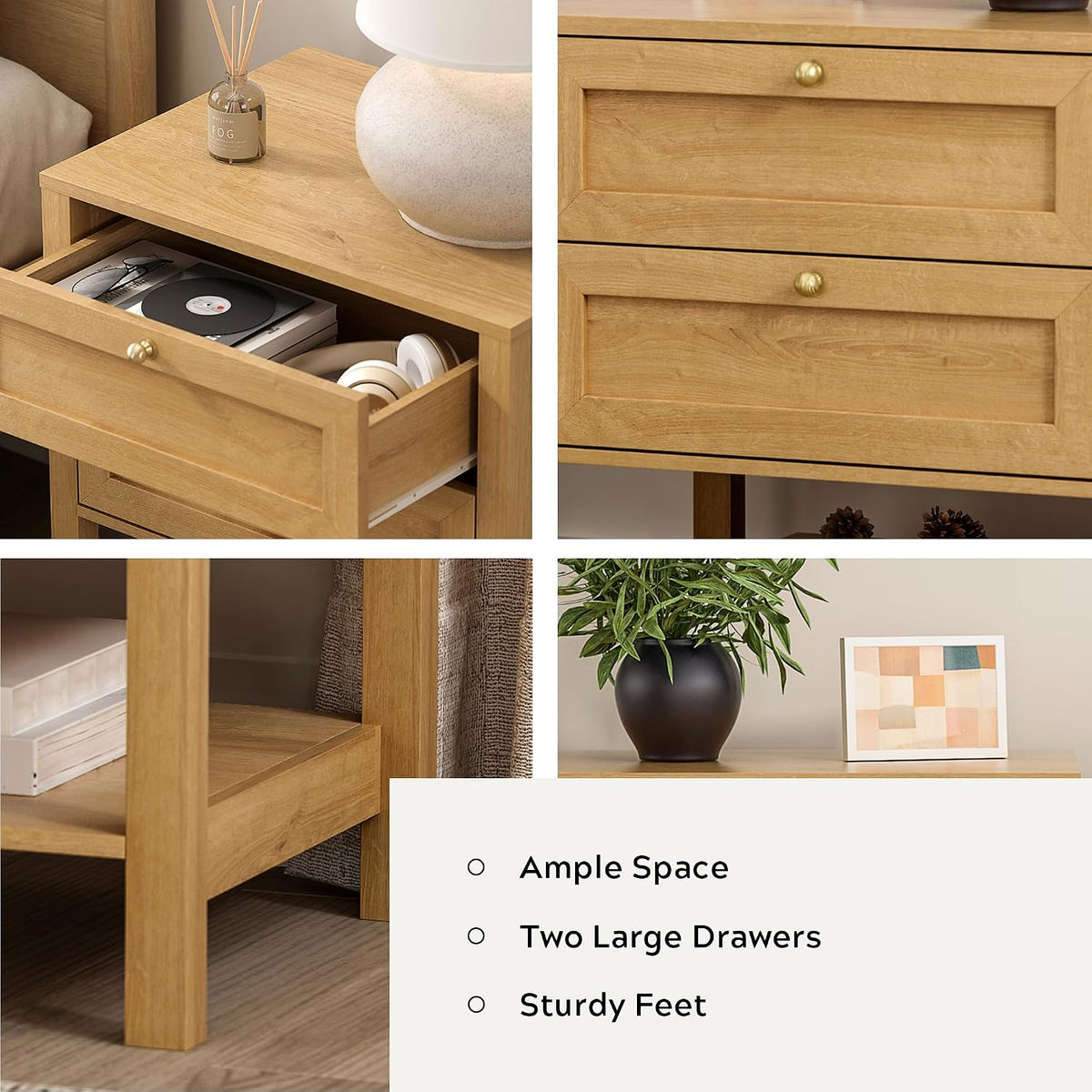 End Table with 2 Drawers, Farmhouse Nightstand with Open Shelf, Modern Bedside Cabinet Side Table Night Stand for Bedroom, Living Room, Natural Oak