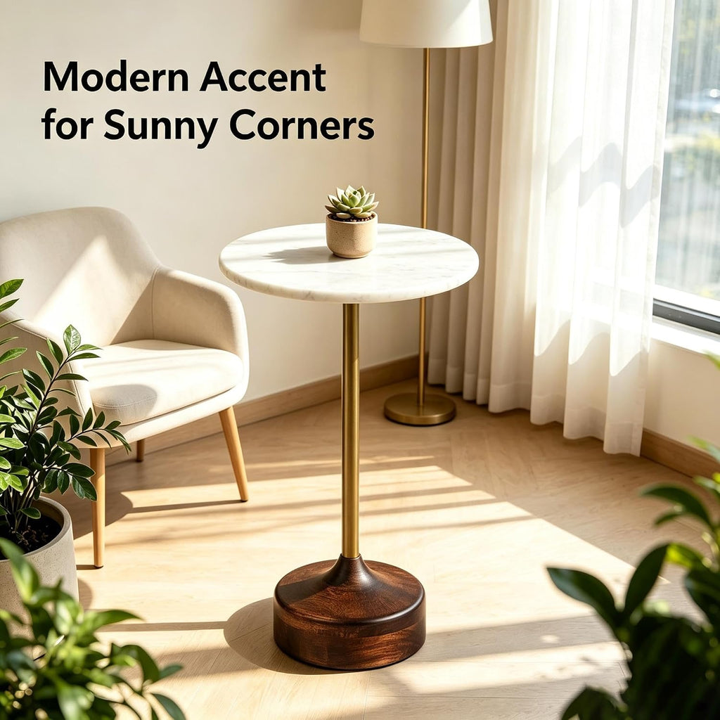 Round Accent Drink Table, Crafted with Genuine Marble Tabletop, Brass Support Frame and Solid Wood Base with Ready-to-Use Design(Single-White)