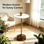 Round Accent Drink Table, Crafted with Genuine Marble Tabletop, Brass Support Frame and Solid Wood Base with Ready-to-Use Design(Single-White)