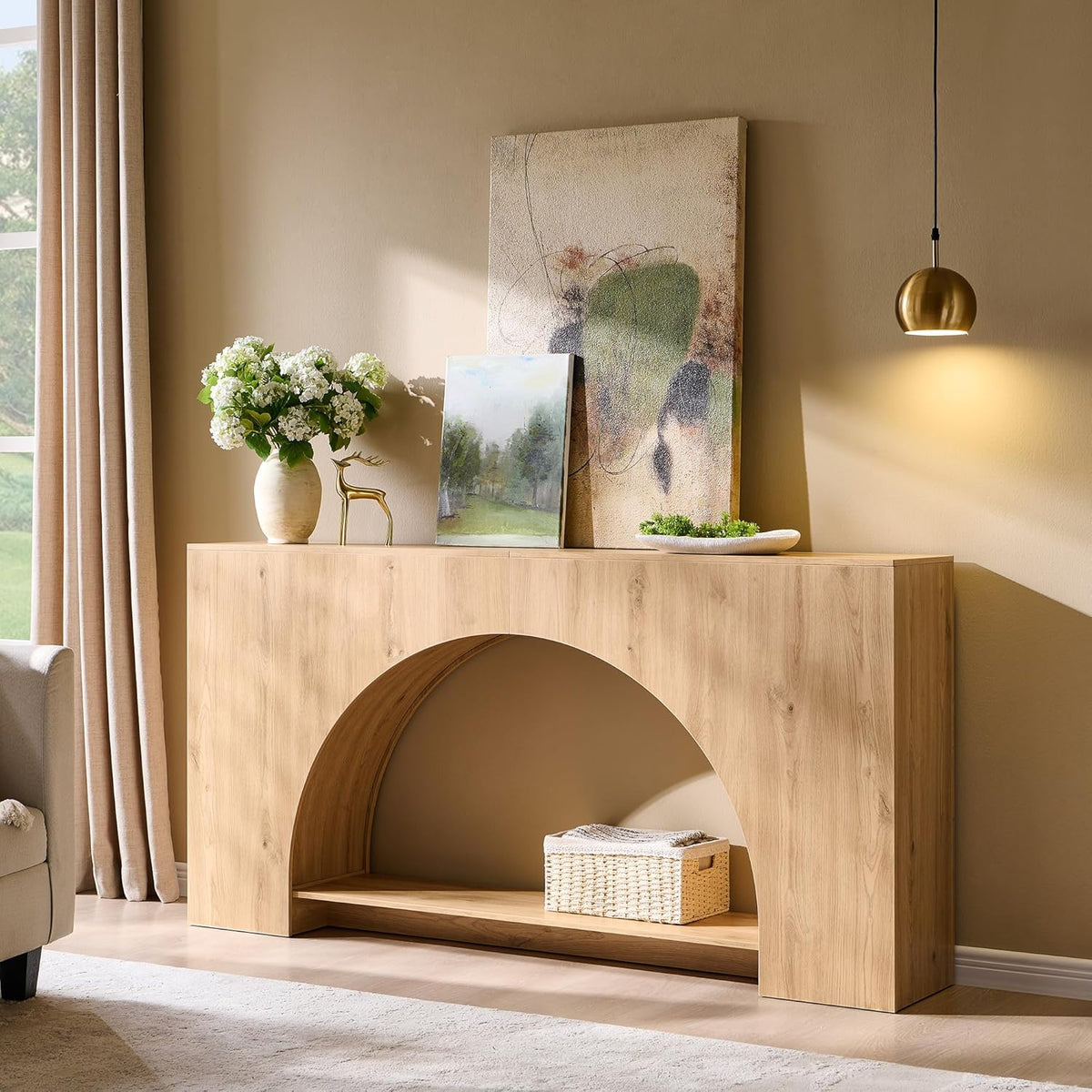 IFGET 63" Arched Console Table, 2-Tier Modern Entryway Table with Arched Base, Narrow Long Wood Sofa Table Behind Couch Table for Living Room, Hallway, Foyer, Natural