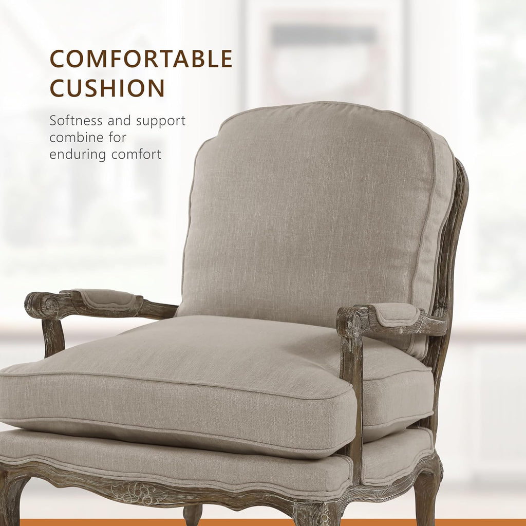 Lexicon French Country Wood Accent Chair, Carved Frame, Neutral | Living Room Chair with Carved Show Wood Frame, Cabriole Legs, Padded Arms, Reversible Cushion, Arrives Assembled