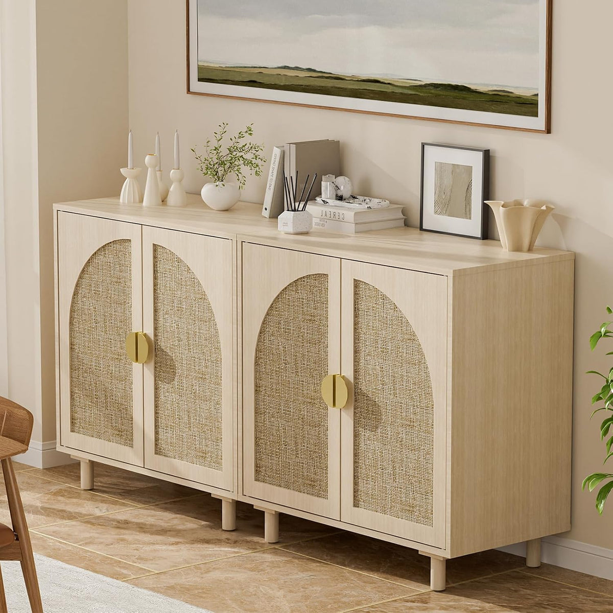 Rattan Sideboard Buffet Cabinet, Wood Storage Credenza Cabinet with Doors and Shelves, Boho Sideboard Cabinet with Curved Door for Living Room, Kitchen, Entryway, Beige