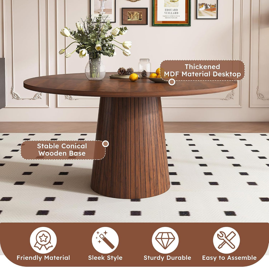 Round Dining Room Table, Farmhouse Kitchen Table with Wood Strip Base, 47.2“ Circle Table with Walnut Veneer Finish, Easy Assembly