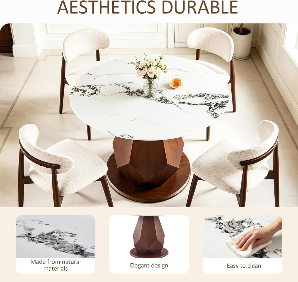 YYQ 45" Round Dining Table Set, Faux Marble Dining Table with 4 Dining Chairs Set, Tempered Glass Tabletop with Antique Brass Metal Base (45" Table with 4 Chairs)