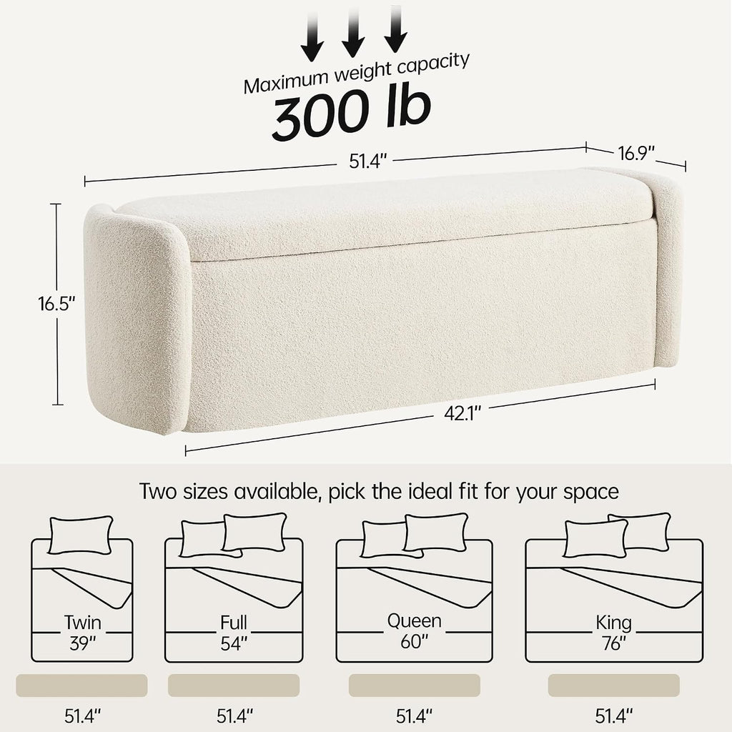 VKNOW 51" Storage Ottoman Bench, Upholstered End of Bed Bench with Smooth Hinges, Oval Large Ottoman Bench for Bedroom, Living Room and Hallway Entryway, Beige