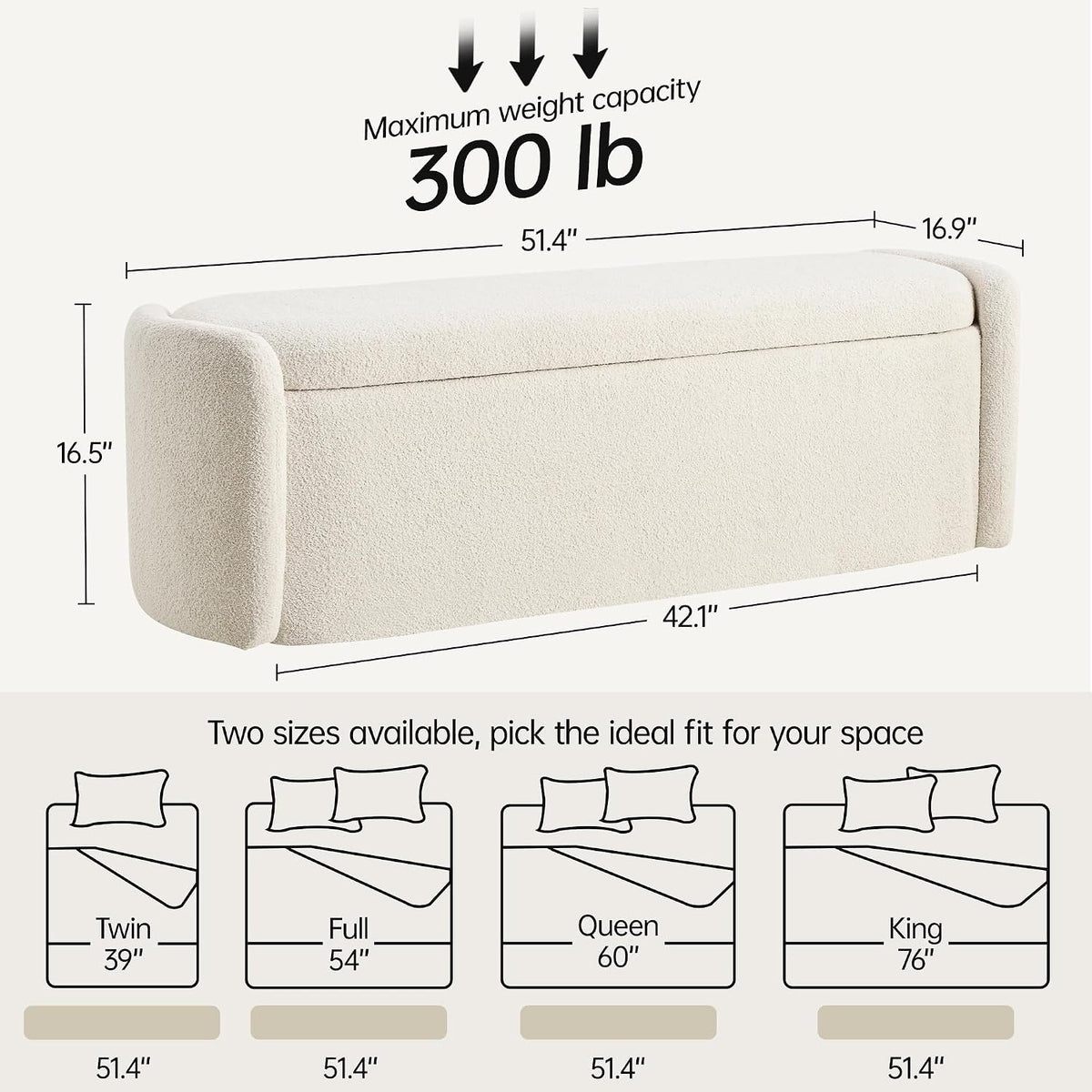 VKNOW 51" Storage Ottoman Bench, Upholstered End of Bed Bench with Smooth Hinges, Oval Large Ottoman Bench for Bedroom, Living Room and Hallway Entryway, Beige