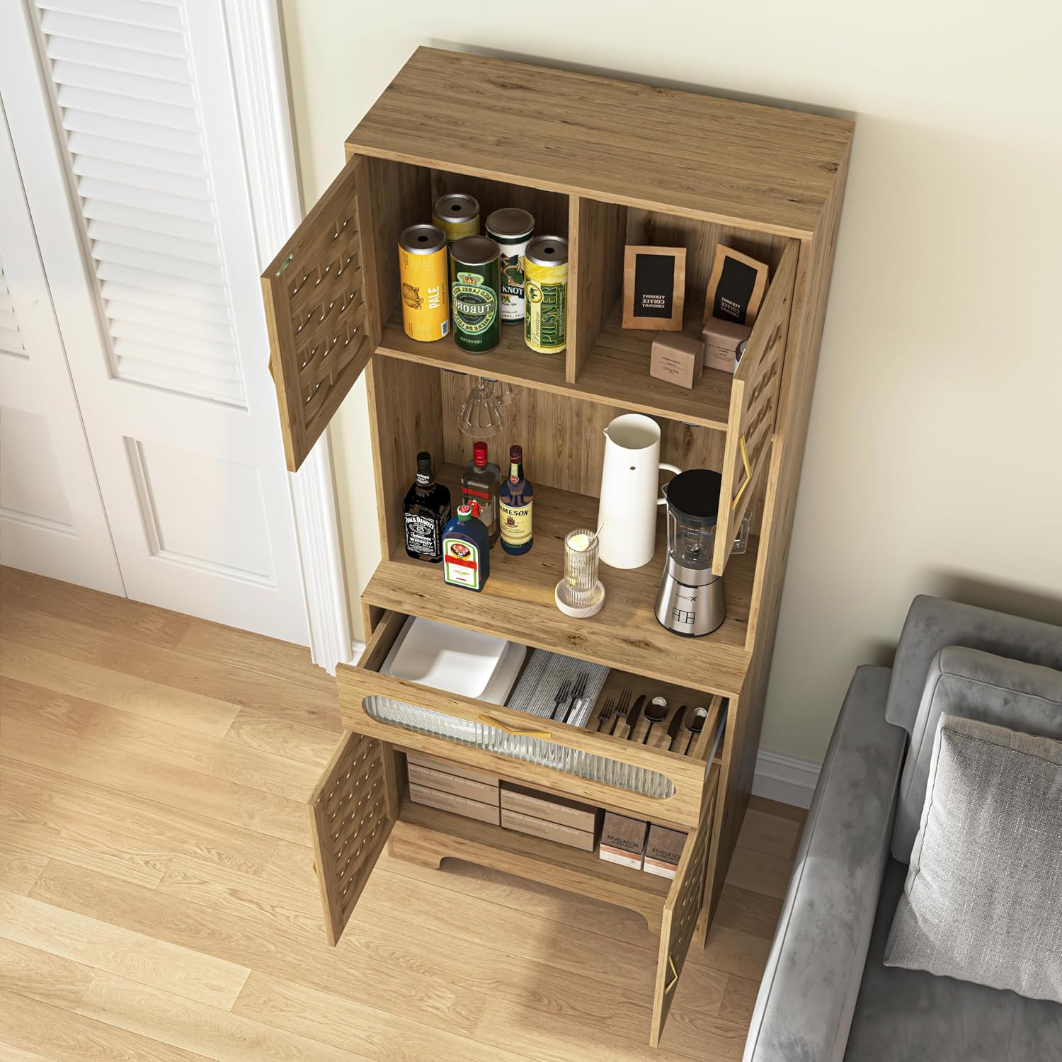 Kitchen Pantry Cabinet, Handmade Woven Wood Rustic Buffet Hutch Cabinet with Storage Drawer & Adjustable Shelf, Farmhouse Tall Cupboard Microwave Stand Coffee Bar for Kitchen, Dining Room, Living Room