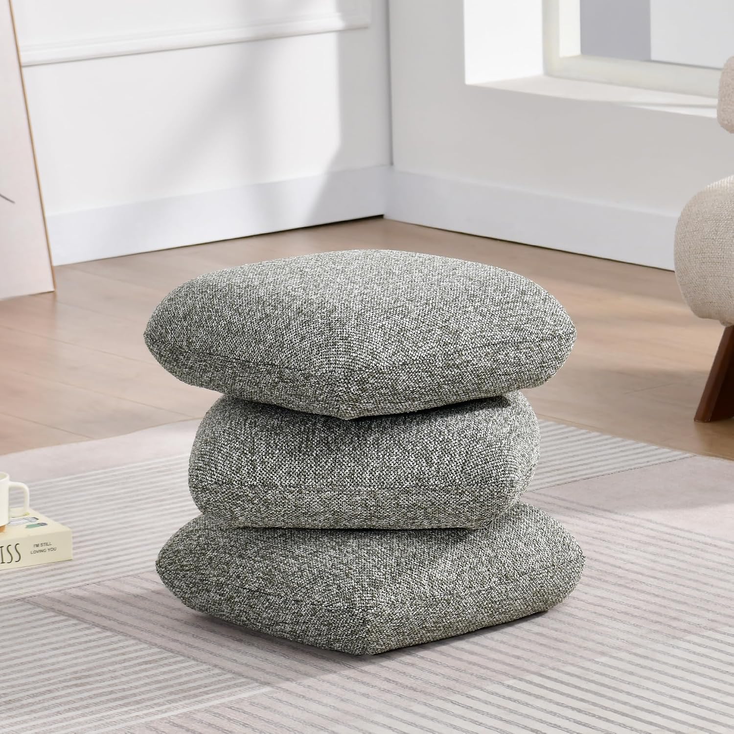 DUHOME 360°Swivel Upholstered Square Ottoman with Storage,Modern Boucle Ottoman Coffee Table with Removable Top White Vanity Stool with Storage for Bedroom, Living Room, Dark Green