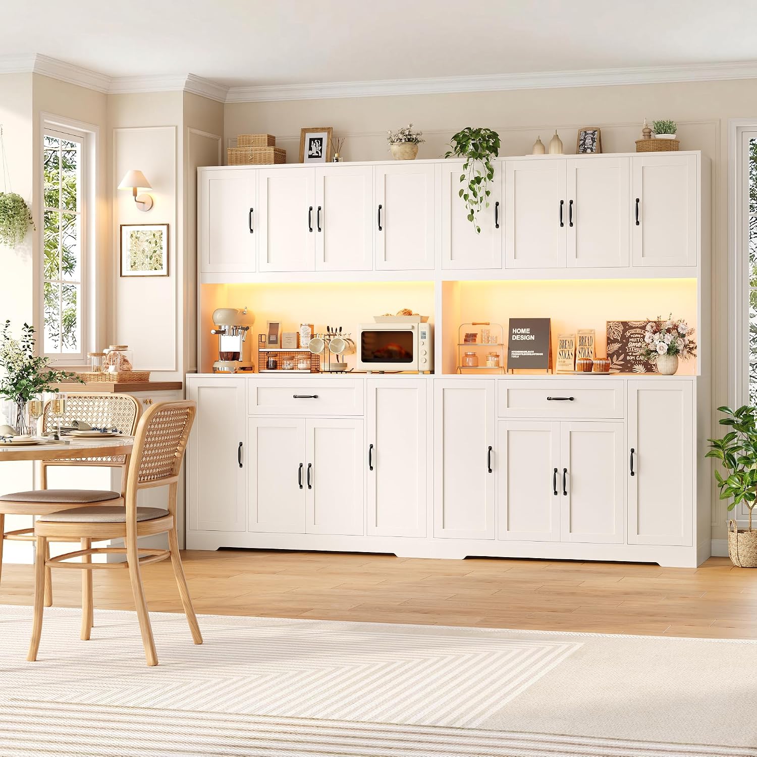 HITHOS 70" LED Kitchen Pantry Cabinet with Charging Station, 47" Wide Pantry Storage Cabinet with Large Microwave Stand, Modern Kitchen Hutch with Drawers and Cabinets for Dining Room, White