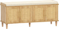Akxomel 47.2" Rattan Shoe Storage Bench 4 Doors Wooden Entryway Bench Oak | 2 Tier Shoe Bench with Padded Cushion, Adjustable Shelves and 4 Doors, Solid Wood Legs, for Hallway, Living Room, Bedroom