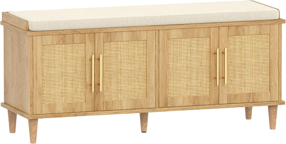Akxomel 47.2" Rattan Shoe Storage Bench 4 Doors Wooden Entryway Bench Oak | 2 Tier Shoe Bench with Padded Cushion, Adjustable Shelves and 4 Doors, Solid Wood Legs, for Hallway, Living Room, Bedroom