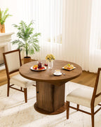 43"-59" Extendable Round Dining Table for 4-8 with Hidden Storage, Oval Dining Room Table with Removable Leaves, Modern Farmhouse Fluted Wood Kitchen Table for Living Room, Walnut