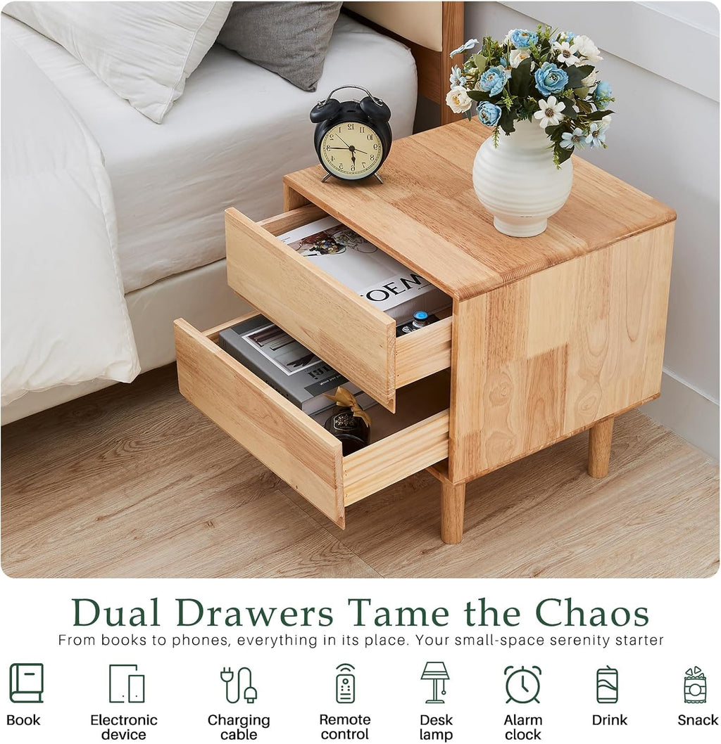 Modern Natural Wooden Nightstand with Drawers - Solid Wood Night Stand 2 Drawer Mid Century Small Narrow Bedside Side End Table with Storage for Living Room Bedroom, 15.7" D x 17.1" W x 19.6" H