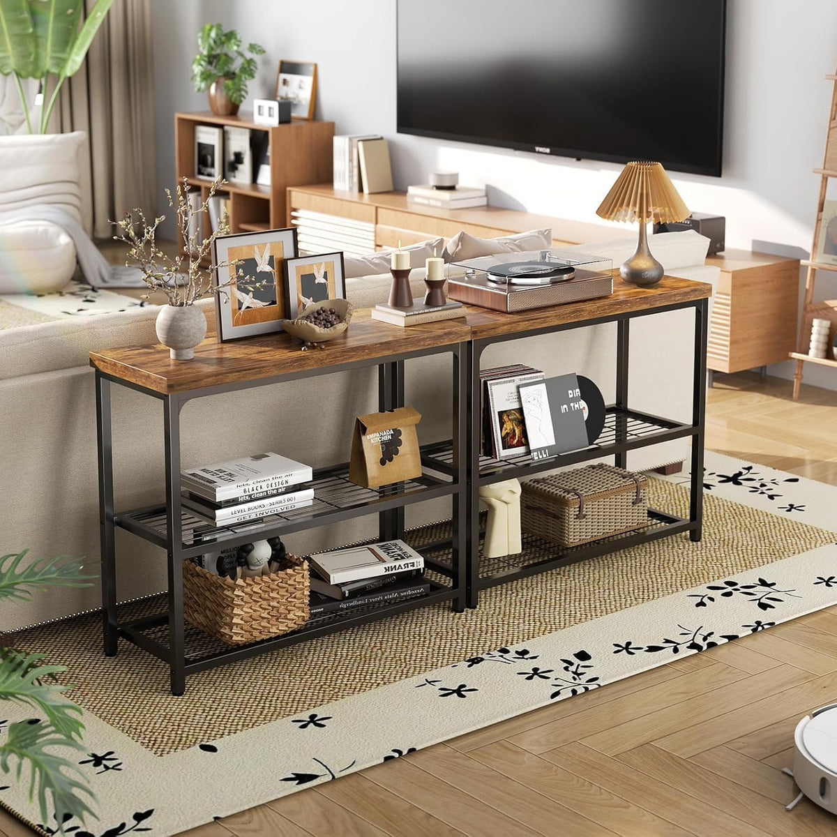 Besiost 32" Industrial Console Table with 3-Tier Storage, Oak Grey | Small Entryway Table with Mesh Shelves, Sofa Table Behind Couch for Hallway, Foyer, Living Room, Sturdy Metal Frame