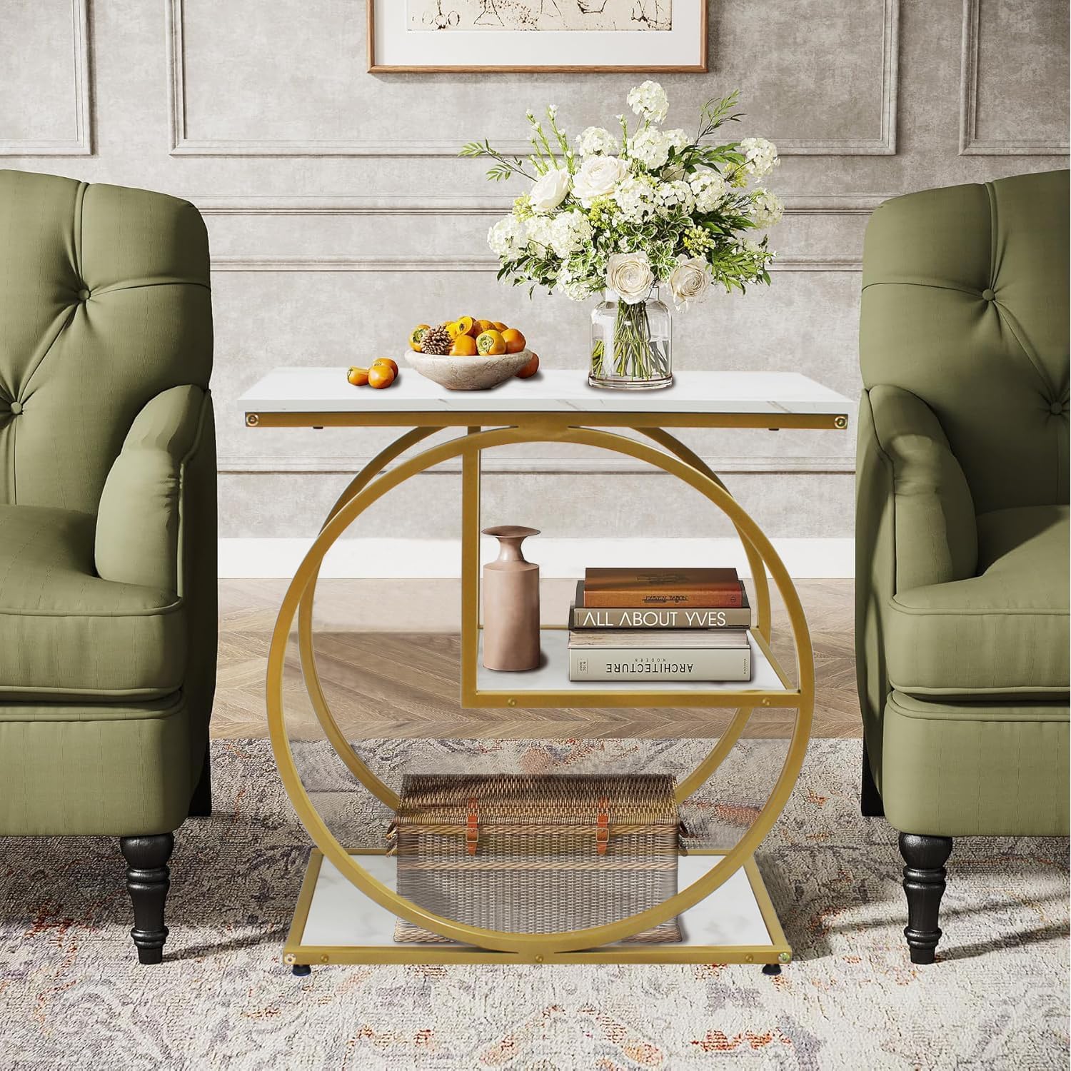 AT-VALY Pair of 2 Side Table with Storage Shelves,3-Tier End Table, Small Sofa Side Table for Living Room, Bedroom (Gold)