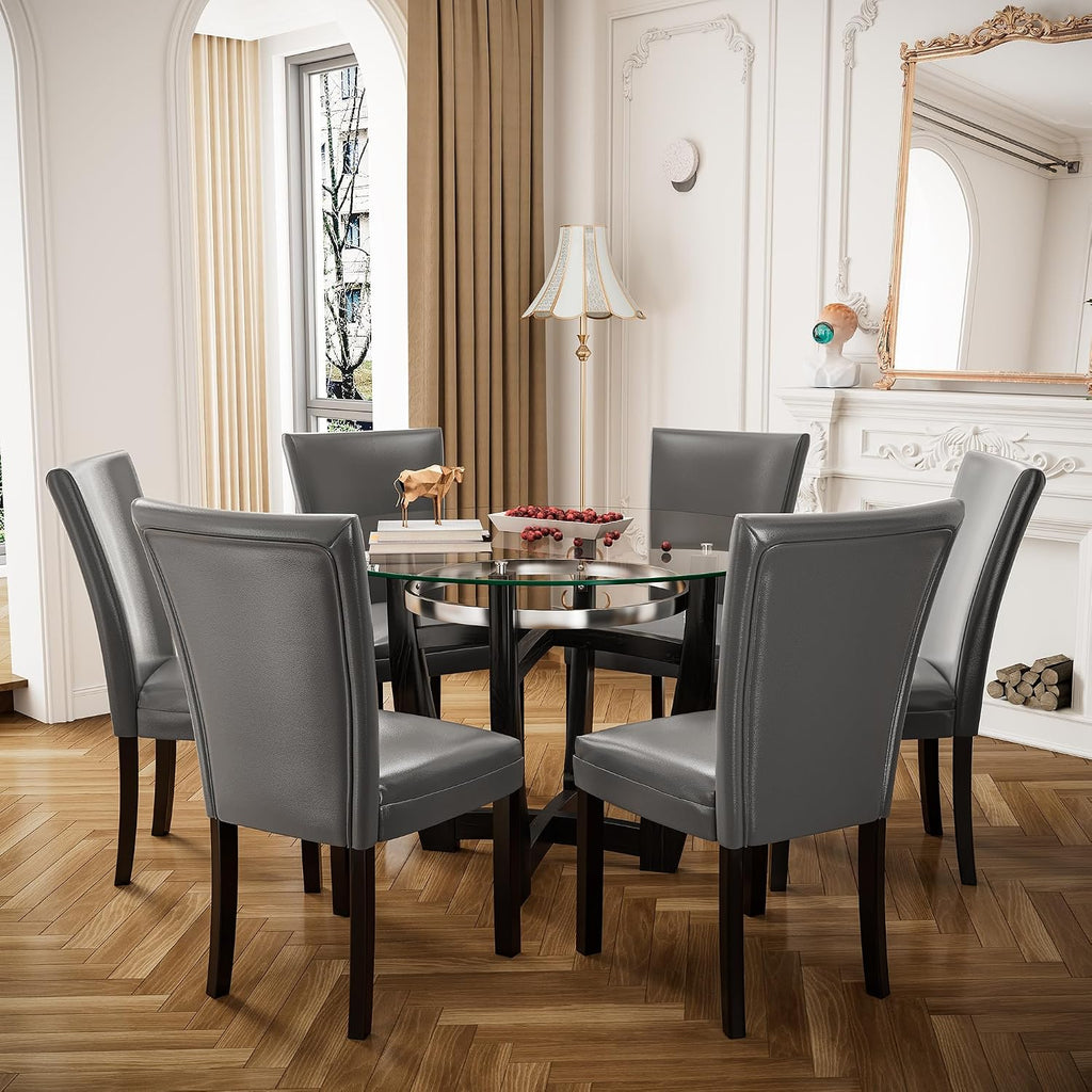 PADMA HOUSE Round Glass Dining Table Set for 4, 45in Modern Kitchen Small Wood Dinner Table with 4 Parsons Leather Dining Chairs 5 Piece Dining Room Table Chair Set, Clear&Grey