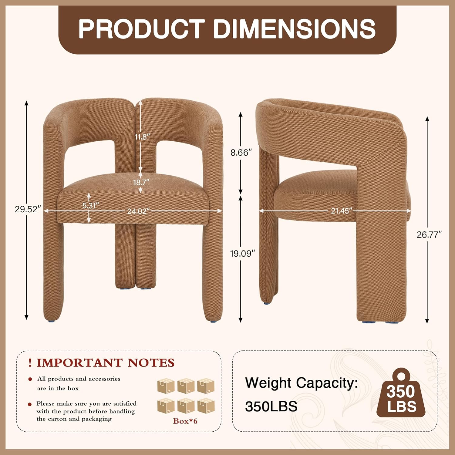 adochr Modern Barrel Dining Chairs Set of 6, Upholstered Linen Dining Room Chair with Wooden Legs, Accent Chairs with Arms, Comfy Side Armchairs for Kitchen/Dining Room/Living Room, Brown