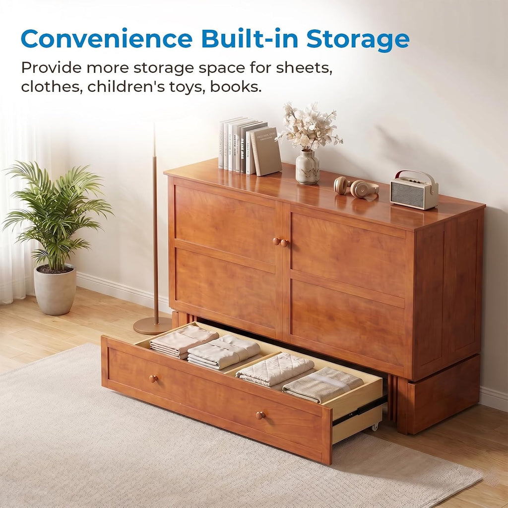 Mjkone Murphy Bed Queen with Mattress Included, Cabinet Murphy Bed with USB Charging Station & Storage Drawer, Mobile Cube Murphy Cabinet Chest Bed for Living Room Bedroom Apartment, Cherry
