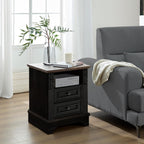 BOSHIRO Farmhouse Nightstand wtih Charging Station, 20" End Table with 2 Drawers, Night Stand Side Table Storage Cabinet with Carved Pilasters for Bedroom,Wood Rustic, Black
