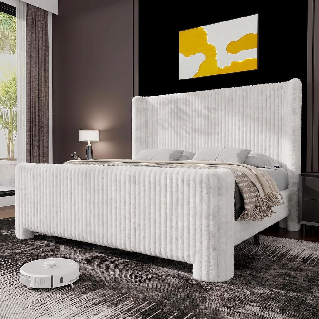 Ihanherry Queen Size Bed Frame with Faux-Fur Curved Wingback Headboard & Footboard, Upholstered Bed Frame with Removable & Washable Cover,Noise Free & Easy Assembly, No Box Spring Needed, White