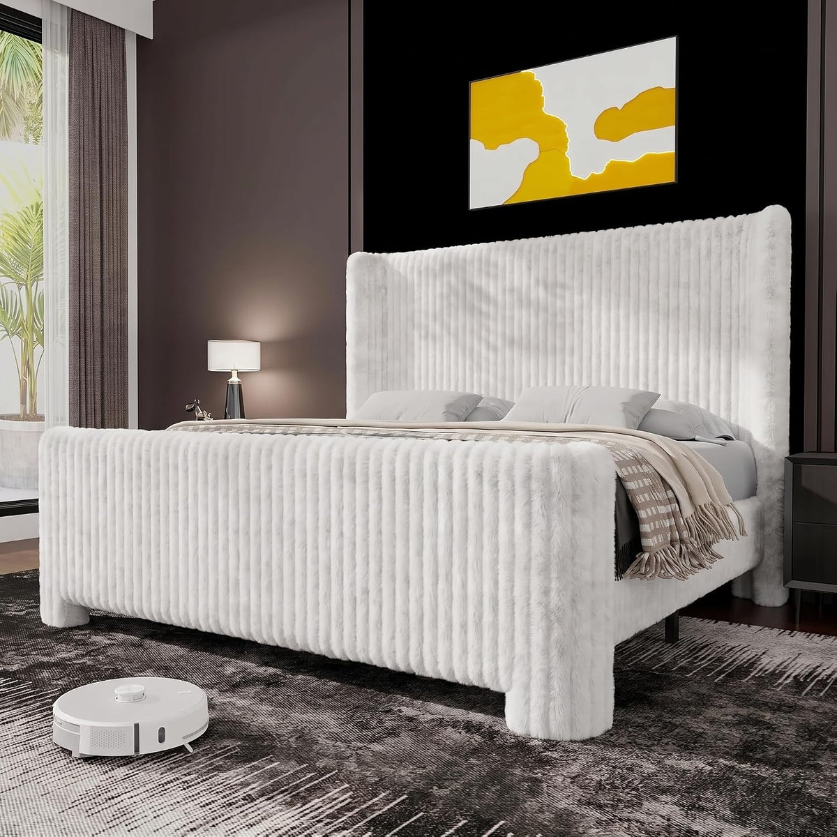 Ihanherry Queen Size Bed Frame with Faux-Fur Curved Wingback Headboard & Footboard, Upholstered Bed Frame with Removable & Washable Cover,Noise Free & Easy Assembly, No Box Spring Needed, White