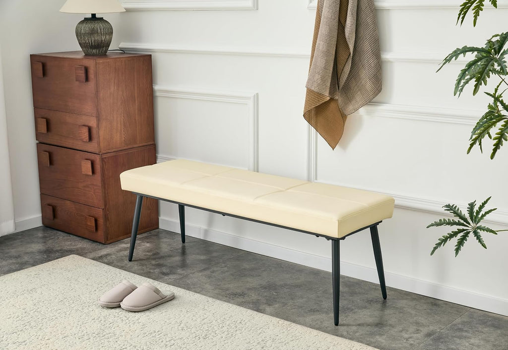 Modern Upholstered Dining Bench for 2-3, Leather Bench with High-Resilience Sponge Cushion, Reinforced Center Beam, Electroplated Arched Metal Legs, Entryway Bedroom Dining Room Bench, Beige