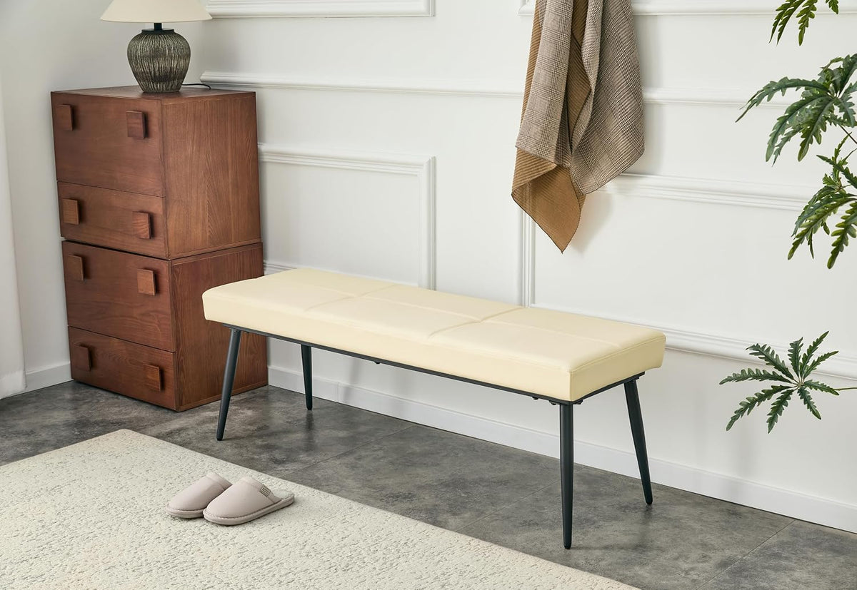 Modern Upholstered Dining Bench for 2-3, Leather Bench with High-Resilience Sponge Cushion, Reinforced Center Beam, Electroplated Arched Metal Legs, Entryway Bedroom Dining Room Bench, Beige