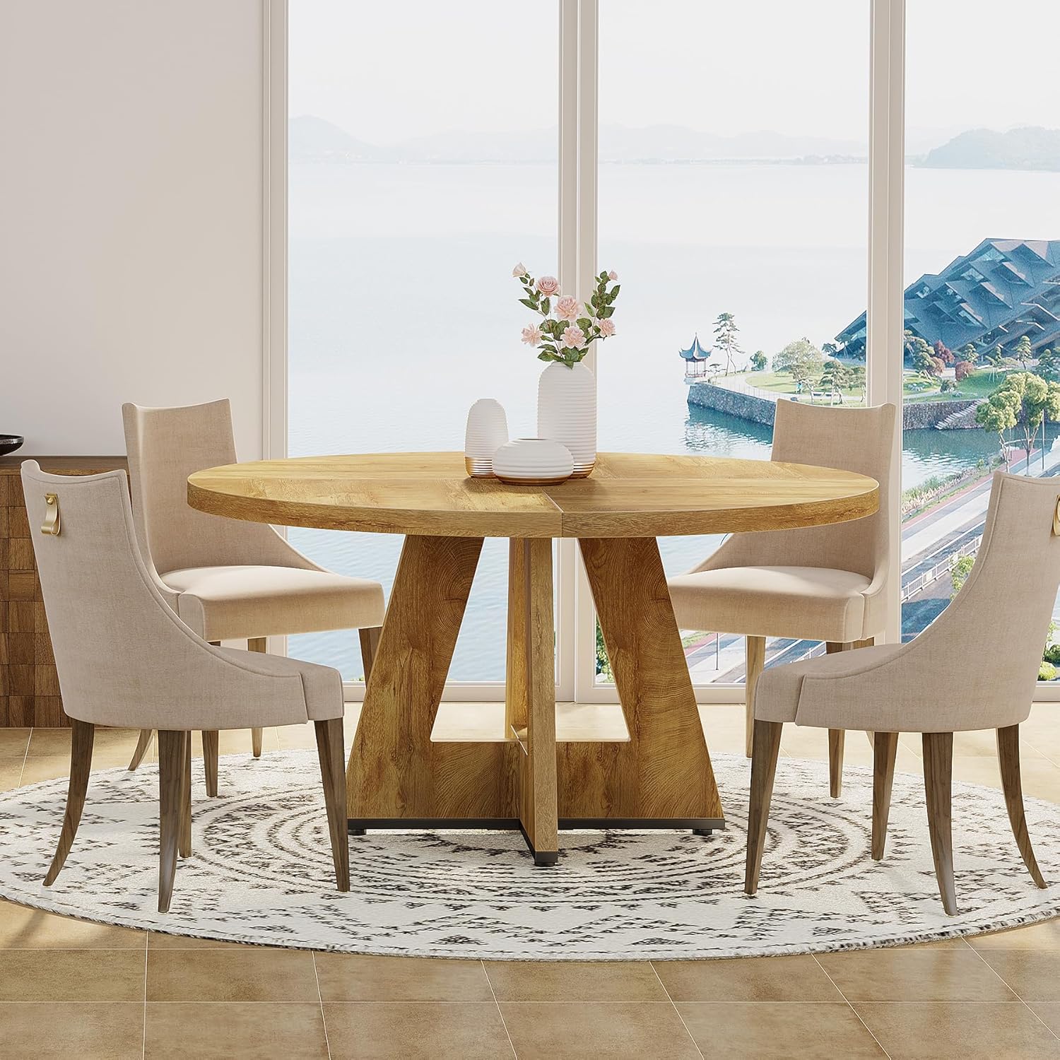 Tribesigns 47 inch Round Dining Table Wood Kitchen Table for Dining Room, 47" Dinner Room Tables for 4-6, Farmhouse Accent Furniture with Wooden Tabletop and Cross Base, Light Wood
