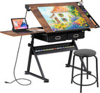 ZENY Adjustable Drafting Table with Stool Tilting Drawing Desk Artist Table | with Outlet, Storage Drawers, Art Craft Workstation for Home Office Reading, Writing, Crafting