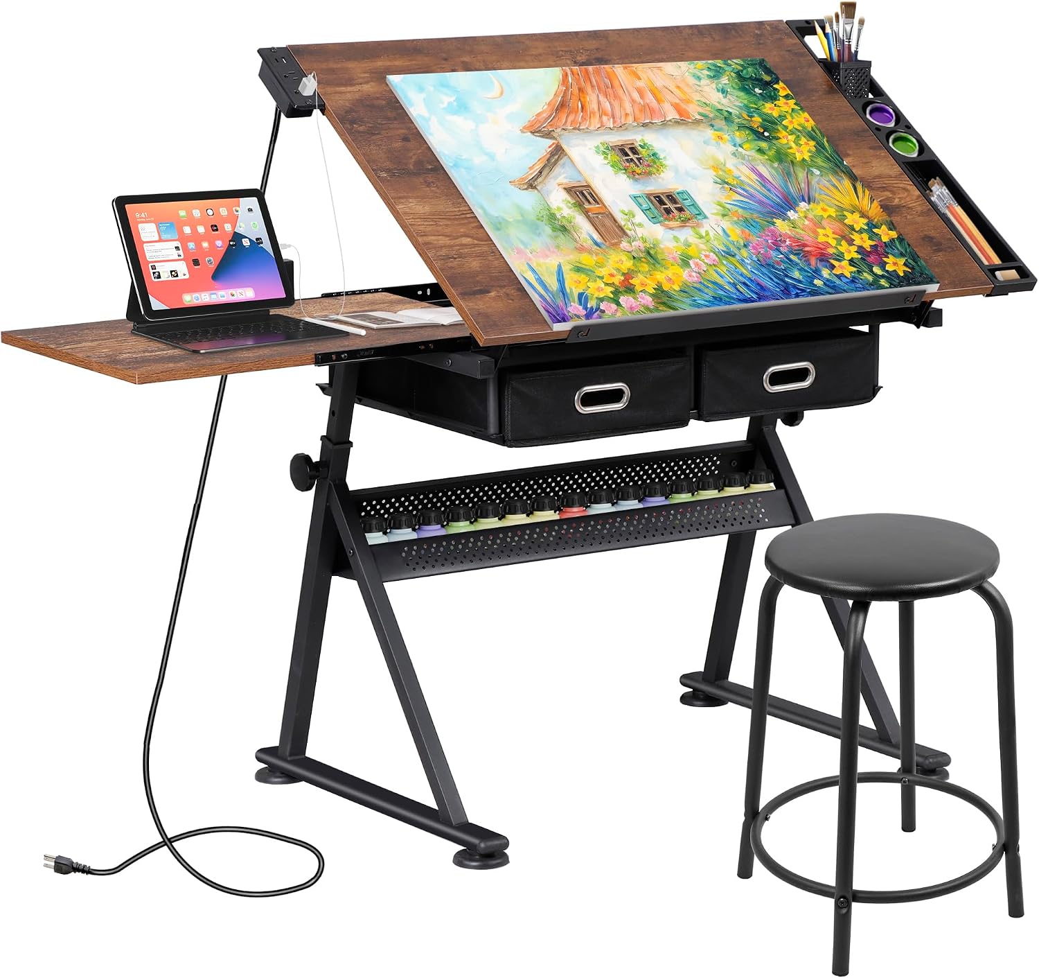 ZENY Adjustable Drafting Table with Stool Tilting Drawing Desk Artist Table | with Outlet, Storage Drawers, Art Craft Workstation for Home Office Reading, Writing, Crafting
