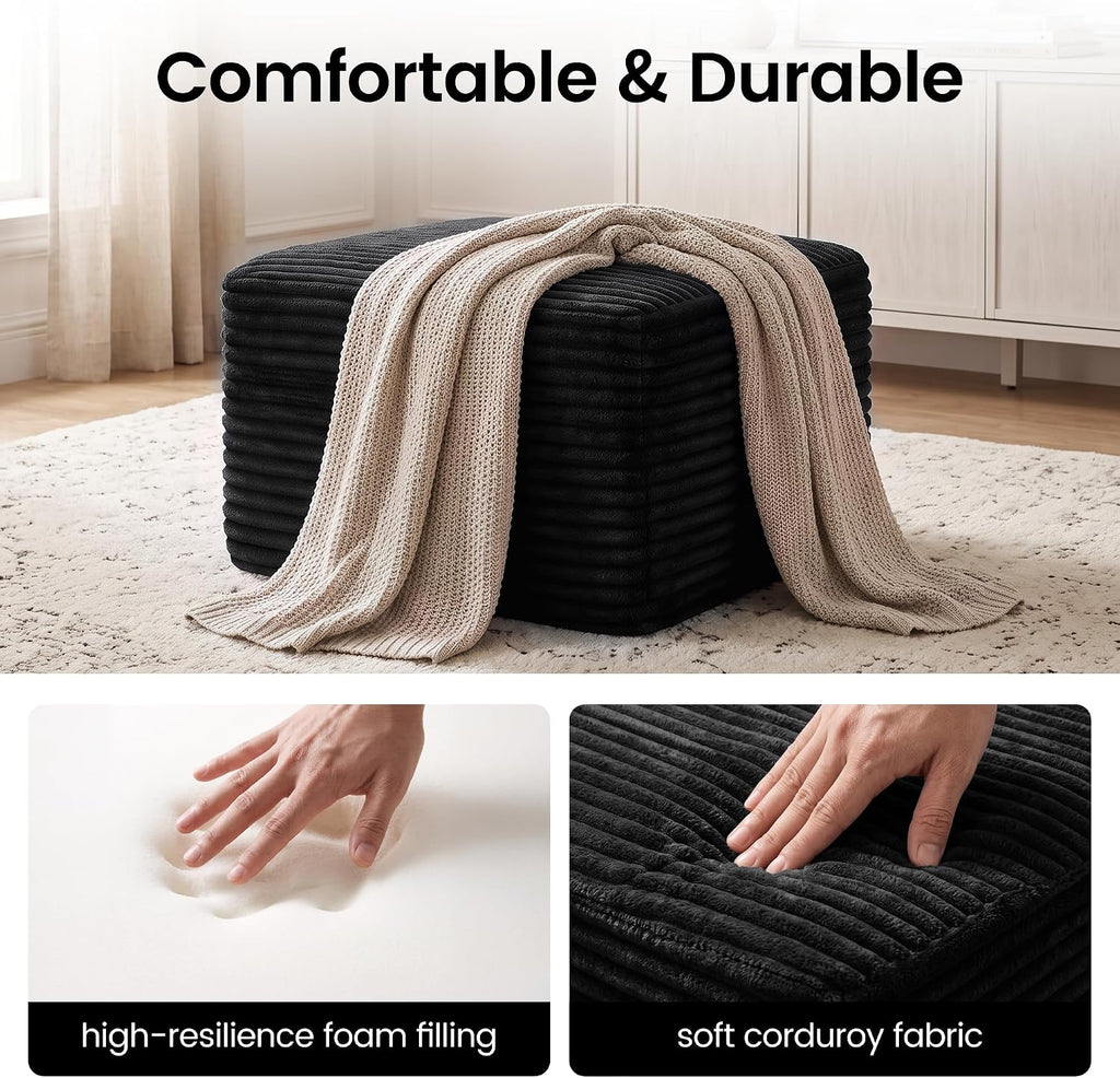 27.6" Floor Ottoman, Plush Corduroy Ottoman Foot Rest for Couch in a Box, Compressed Soft Foam Footrest No Assembly Require, Large Square Footstool for Living Room, Bedroom, Black