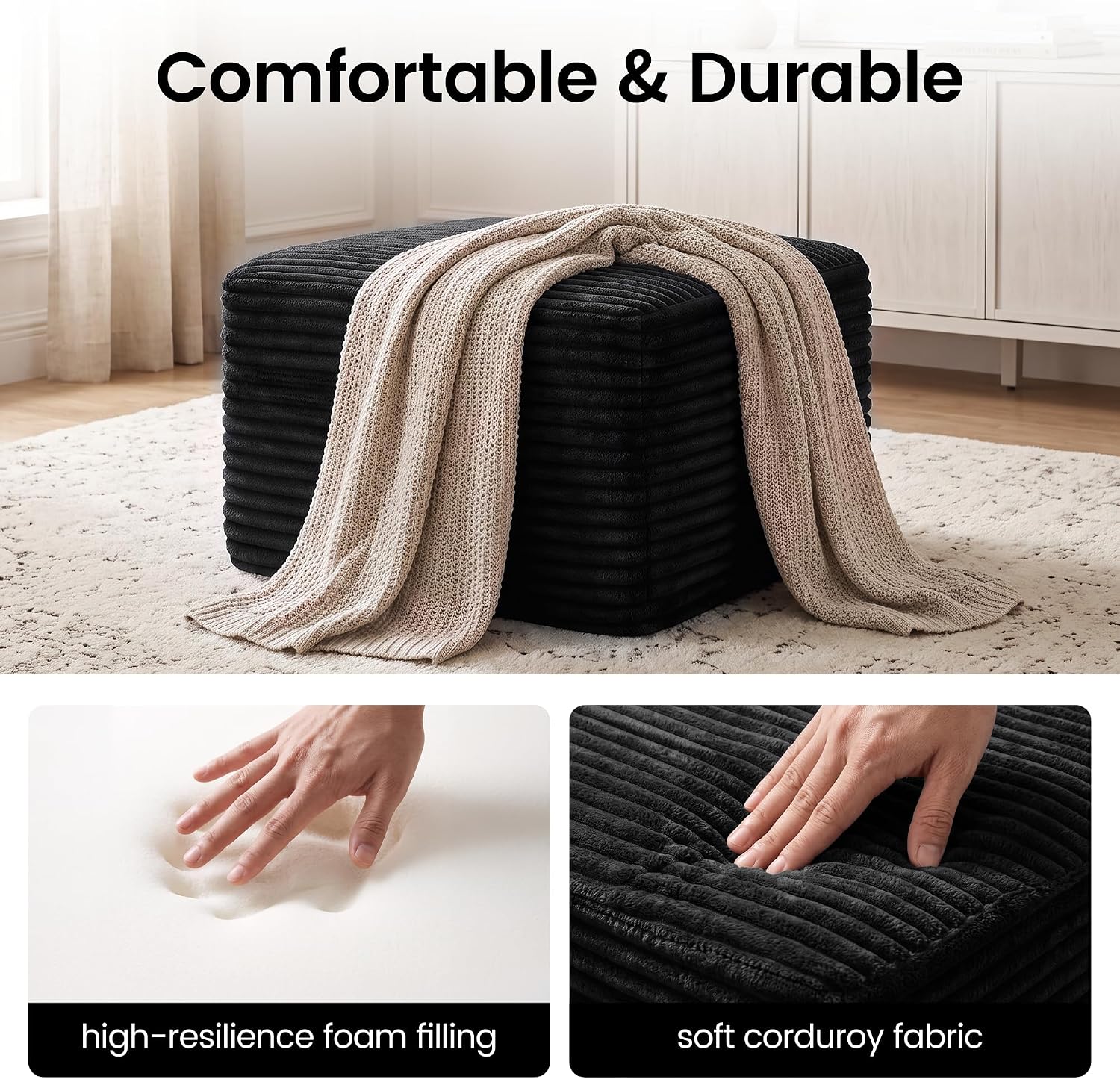 27.6" Floor Ottoman, Plush Corduroy Ottoman Foot Rest for Couch in a Box, Compressed Soft Foam Footrest No Assembly Require, Large Square Footstool for Living Room, Bedroom, Black