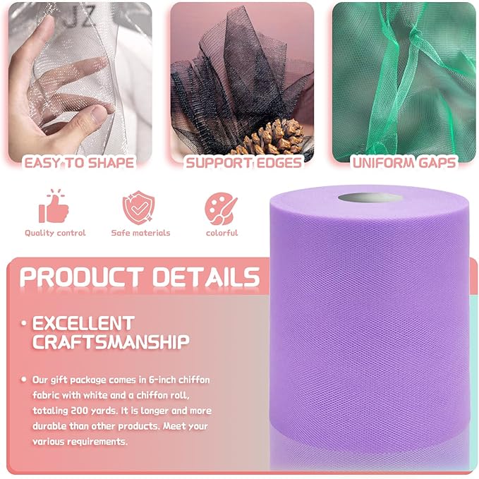 6" x 200 Yards Lavender Tulle Fabric Rolls, Light Purple Spool Tulle Ribbon for DIY Tutu Skirt Wedding Decoration Baby Shower Birthday Party Backdrop Christmas Gift Wrapping Bow Craft Supplies