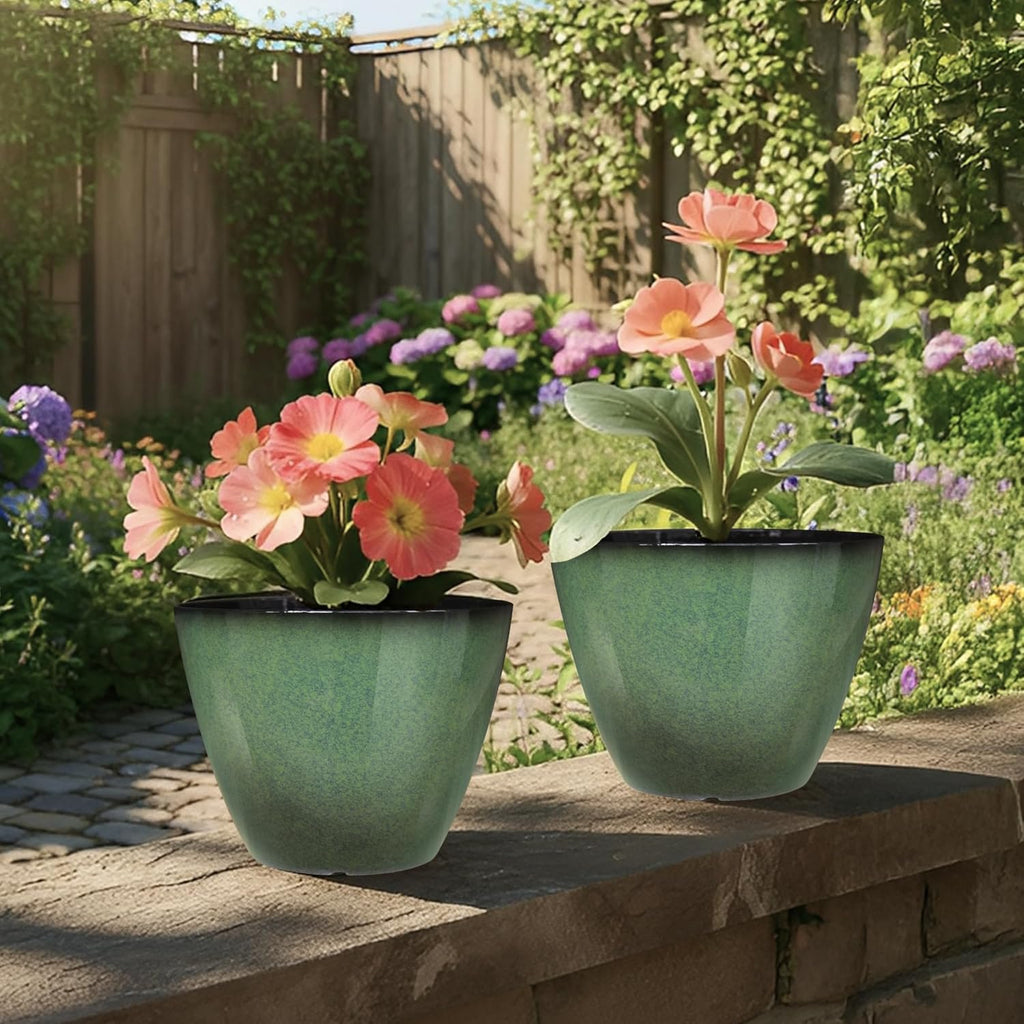 2 Pack Plant Pots for Indoor Outdoor Plants, 8 inch Plastic Flower Pots, Glazed Planter for Aloe, Herbs, Cactus (Green, 2pcs)