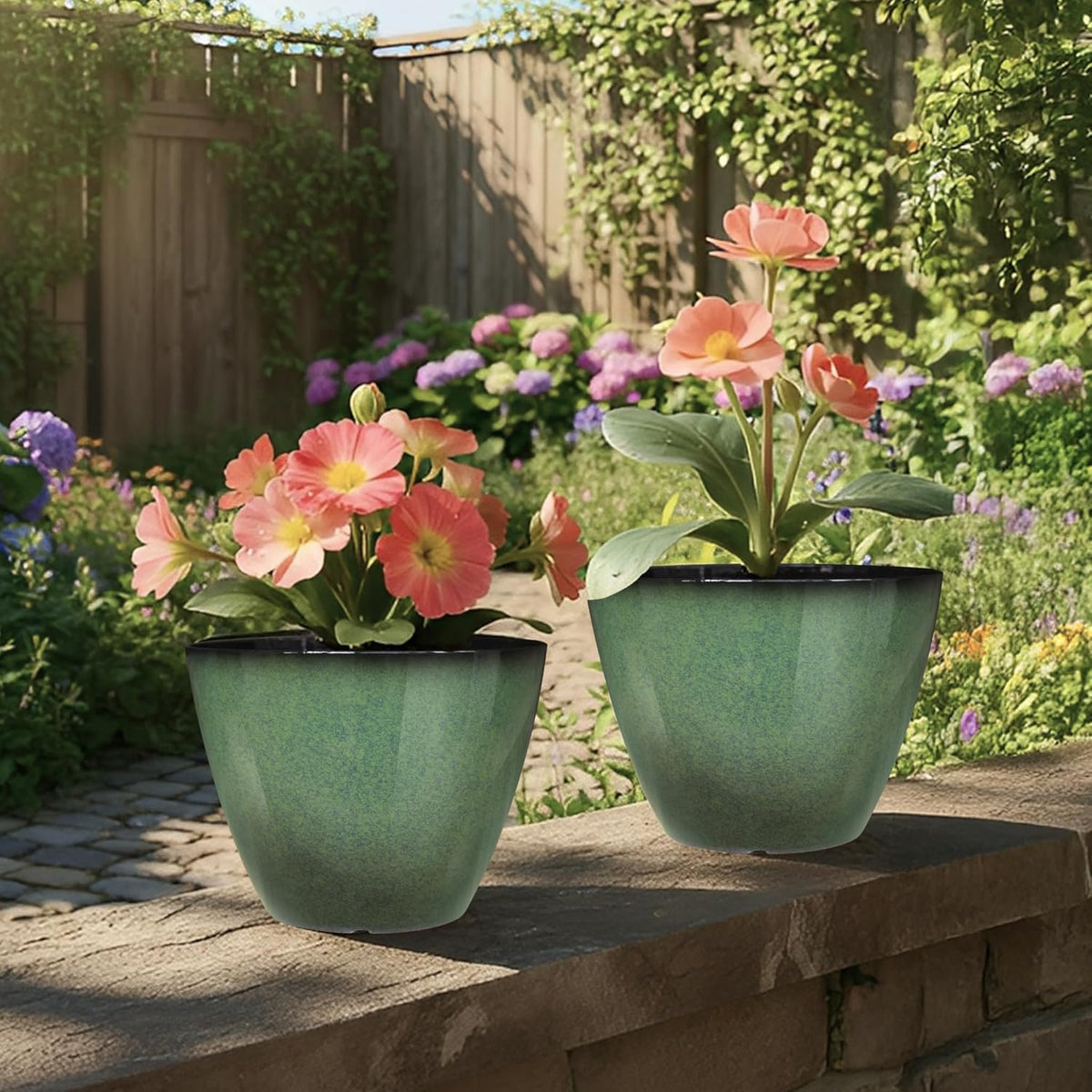 2 Pack Plant Pots for Indoor Outdoor Plants, 8 inch Plastic Flower Pots, Glazed Planter for Aloe, Herbs, Cactus (Green, 2pcs)