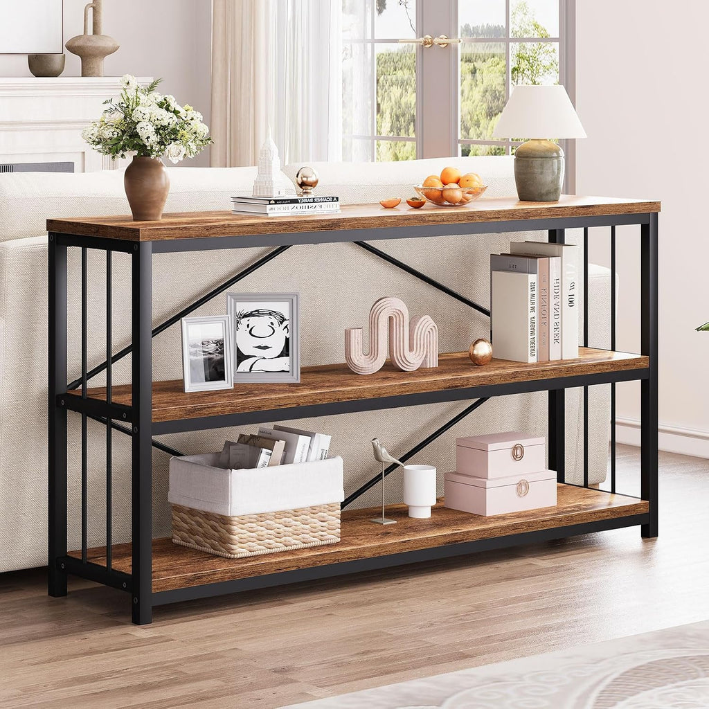 LVB Industrial Console Entryway Table, Metal Wood Rustic Brown, 55 in | Farmhouse 3 Tier Shelf Long Hallway Foyer Entry Tables Behind Couch, Sofa Table for Home Living Room Entryway