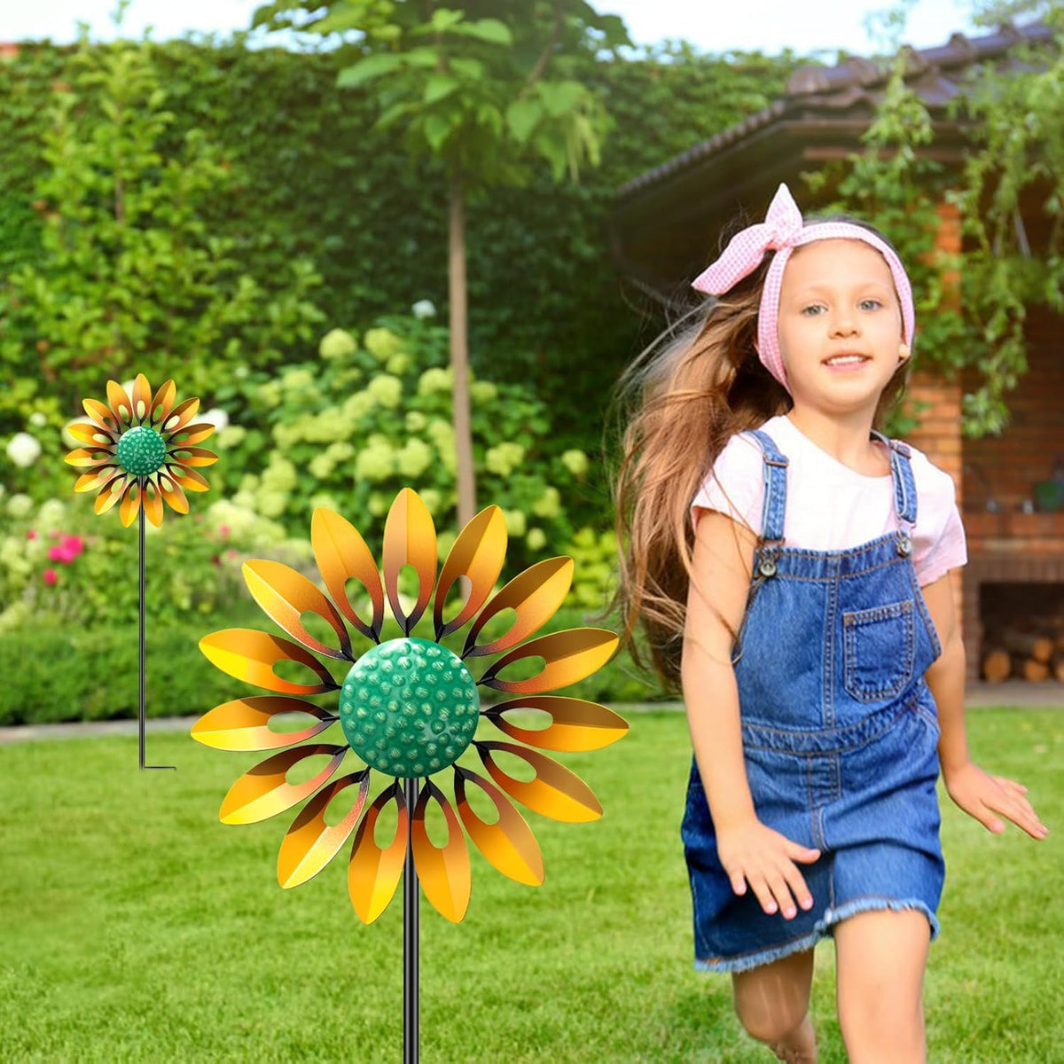 2pcs Sunflower Wind Spinner Outdoor, Freestanding Kinetic Wind Sculpture with Stake, Metal Windmill for Outside Garden Lawn Yard Art Decorations Yellow