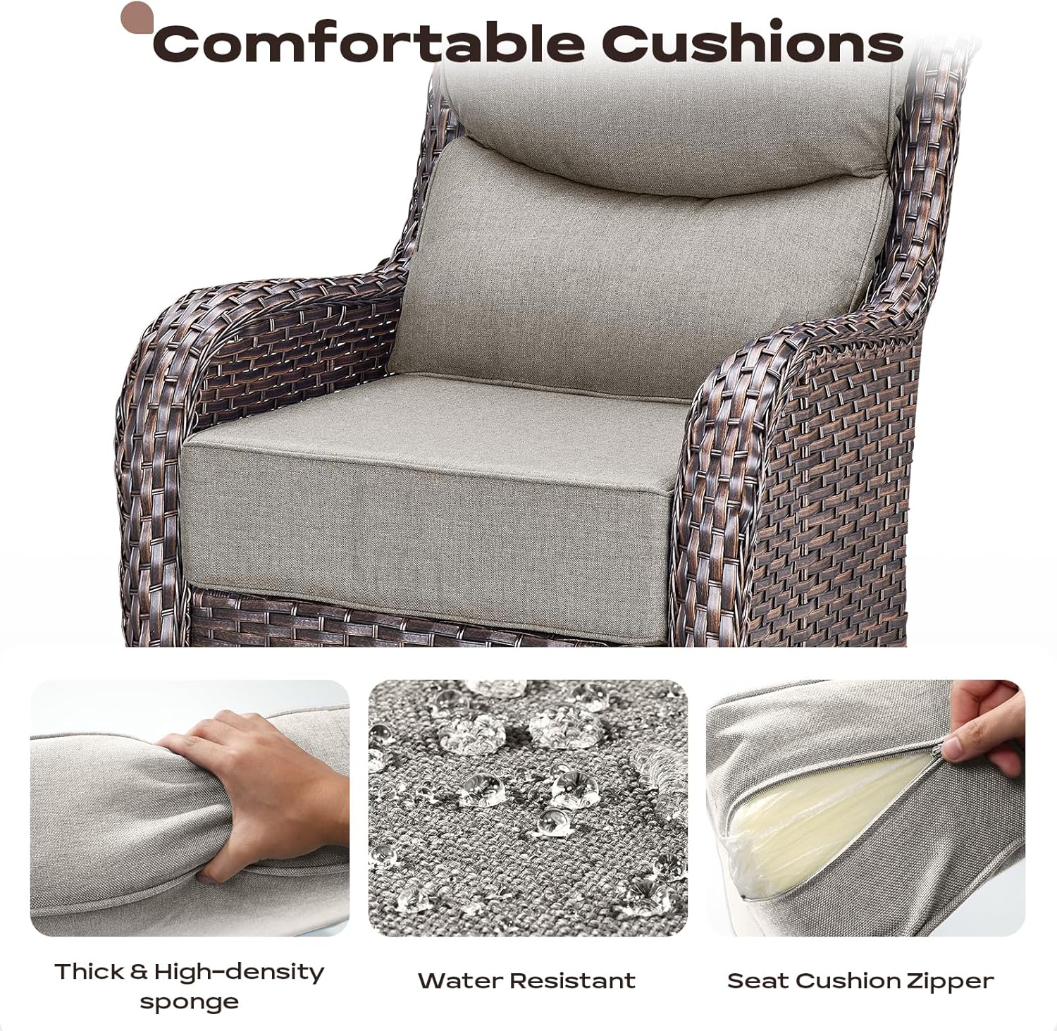 Rilyson Outdoor Swivel Rocker Chairs - All Weather Resistant Wicker Patio Furniture Set of 2 with High Back and 6 inch Thick Cushions for Deck Porch Yard and Poolside, Brown/Beige