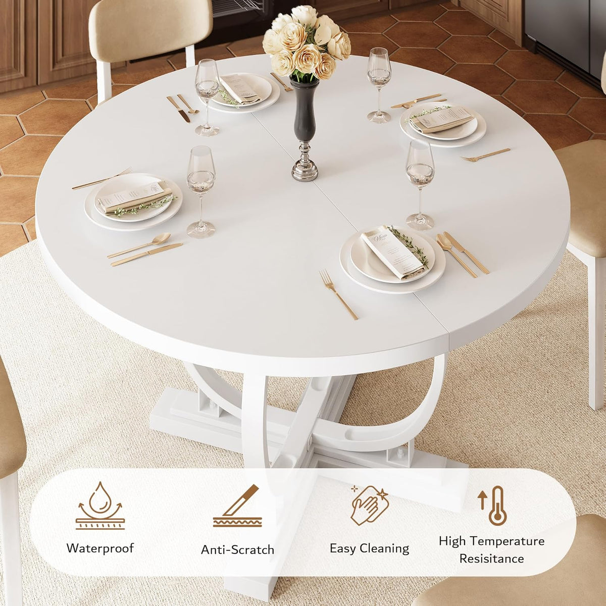 iPormis 59'' Extendable Round Dining Table for 4 to 6, Kitchen Table with Sturdy X-Base Metal Legs, MDF Board with Backboard Clasp, Space Saving, Easy Assembly, Kitchen, Dining Room, White