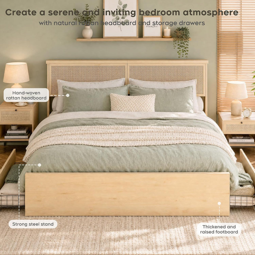 Yechen King Bed Frame with Natural Rattan Headboard and Wooden 4 Storage Drawers, Light Oak Metal Platform Bedframe with Strong Wooden Slats Support, Boho Cane Wood Bed, No Box Spring Needed