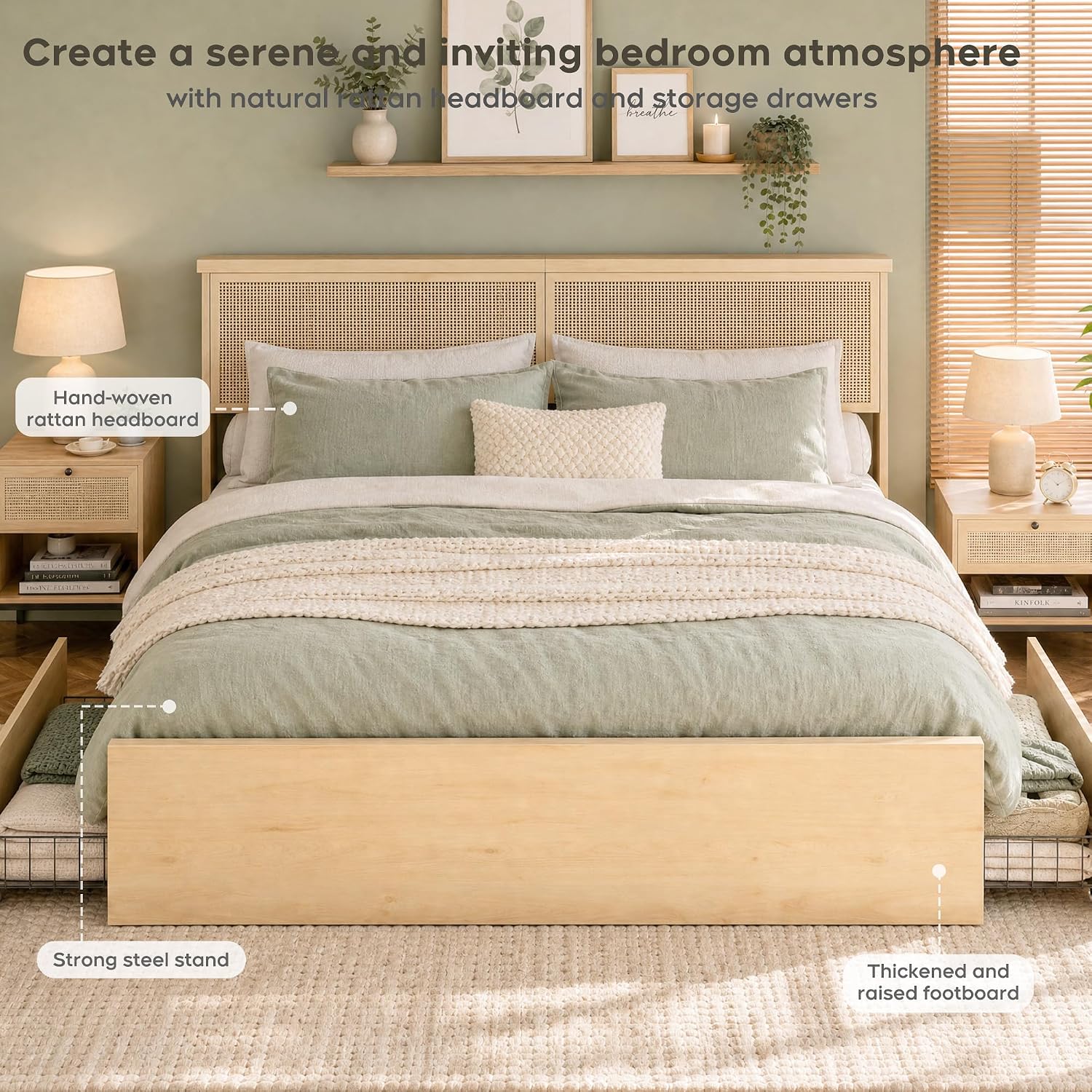 Yechen King Bed Frame with Natural Rattan Headboard and Wooden 4 Storage Drawers, Light Oak Metal Platform Bedframe with Strong Wooden Slats Support, Boho Cane Wood Bed, No Box Spring Needed