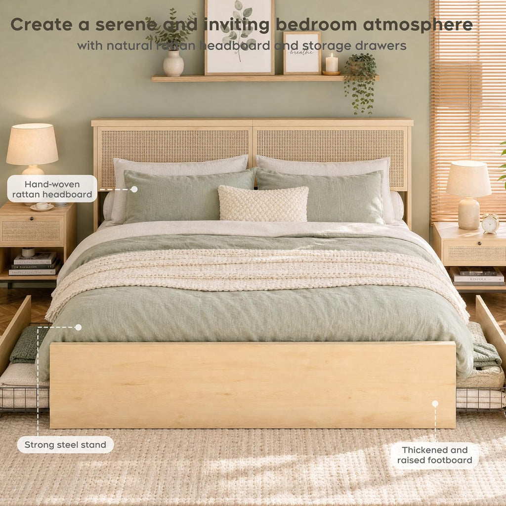 Yechen Queen Bed Frame with Natural Rattan Headboard and Wooden 4 Storage Drawers, Metal Platform with Strong Wooden Slats Support, Boho Cane Bed Mattress Foundation, No Box Spring Needed