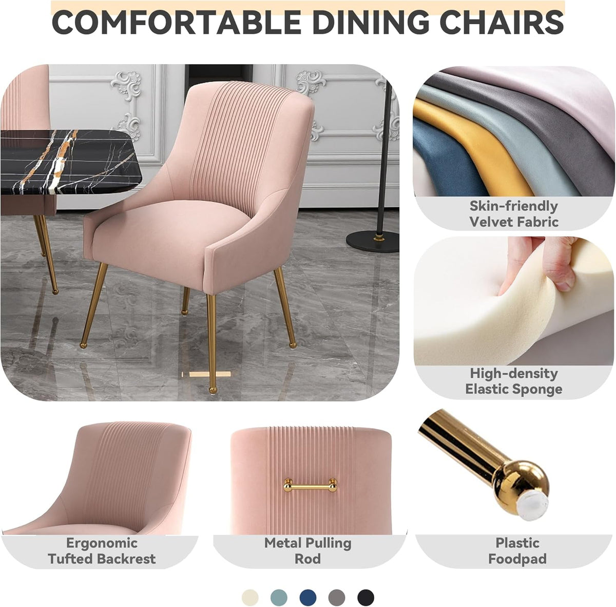 Modern Dining Chairs, Velvet Upholstered Dining Room Chairs with Gold Legs,Tufted Accent Chair Set of 2 for Reception Room Living Room Study Room(Pink)