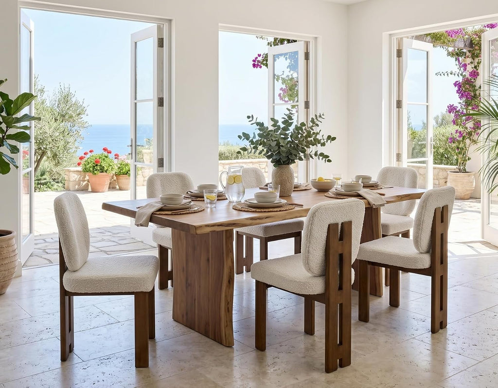 CIMOTA Modern Boucle Dining Chairs Set of 4, Upholstered Armless Side Chairs with Ergonomic Curved Back/Walnut Wood Legs, Mid-Century Accent Chairs for Kitchen or Dining Room, Beige