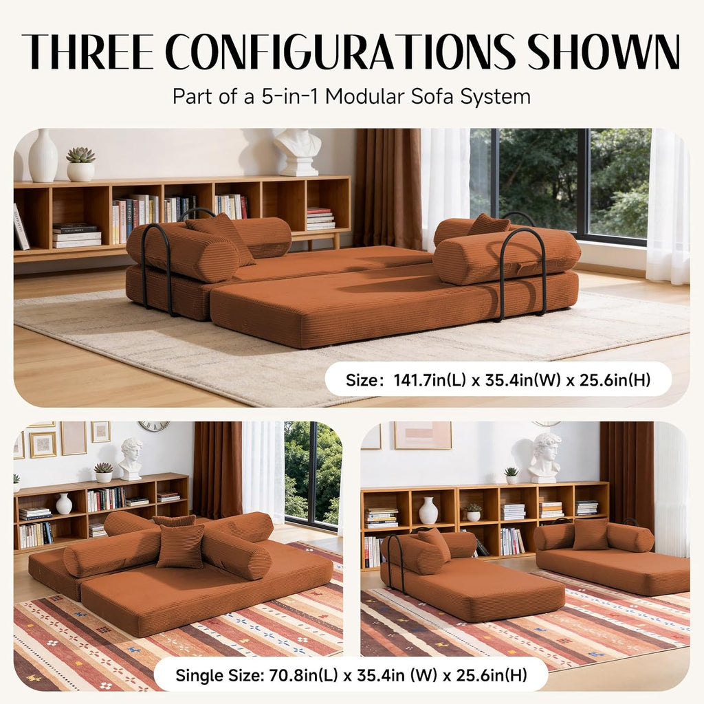 79" Corduroy Sofa Bed, Couch in a Box with 2 Pillows, High-Density Foam 4-in-1 Foldable Sleeper Futon Loveseat for Small Spaces, No Assembly, Side Pockets, Hex Arm Orange