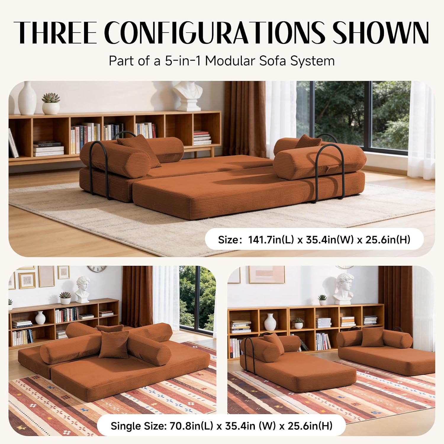 79" Corduroy Sofa Bed, Couch in a Box with 2 Pillows, High-Density Foam 4-in-1 Foldable Sleeper Futon Loveseat for Small Spaces, No Assembly, Side Pockets, Hex Arm Orange