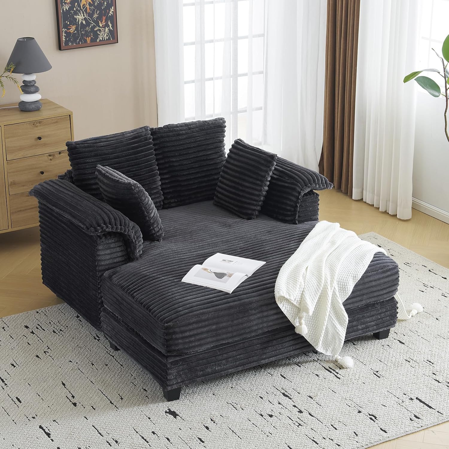 VINGLI 56" Oversized Chaise Lounge Chair, Dark Grey Comfy Corduroy Chaise Sofa Recliner Bed Upholstered Sleeper Couch Bed with Throw Pillows and Armrests for Living Room, Movie Room, Bedroom