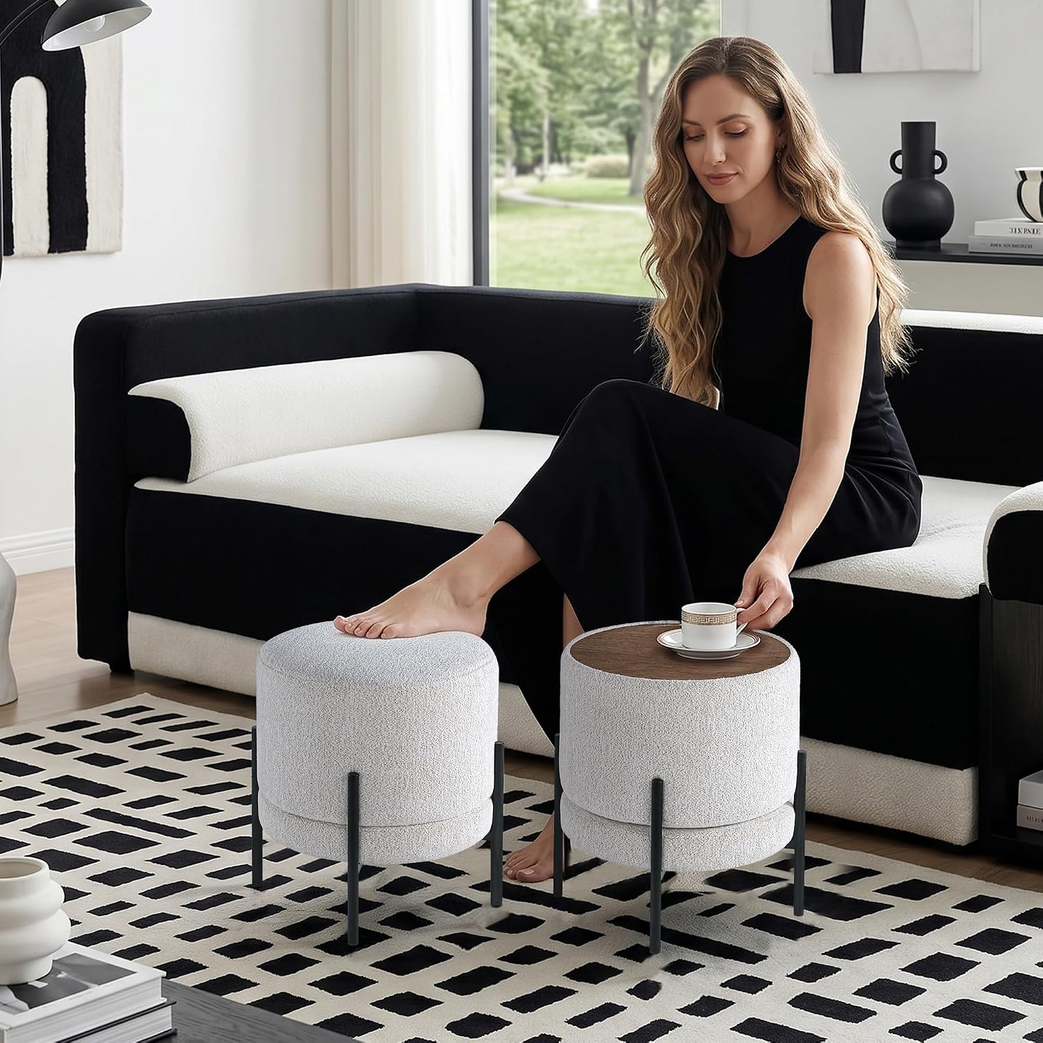 Get Set Style Multifunctional Ottoman with Side Table, Soft Round Footrest Stool,Vanity Stool with Metal Legs, Modern Decorative Furniture Vanity Chair for Makeup Room, Bedroom, Living Room
